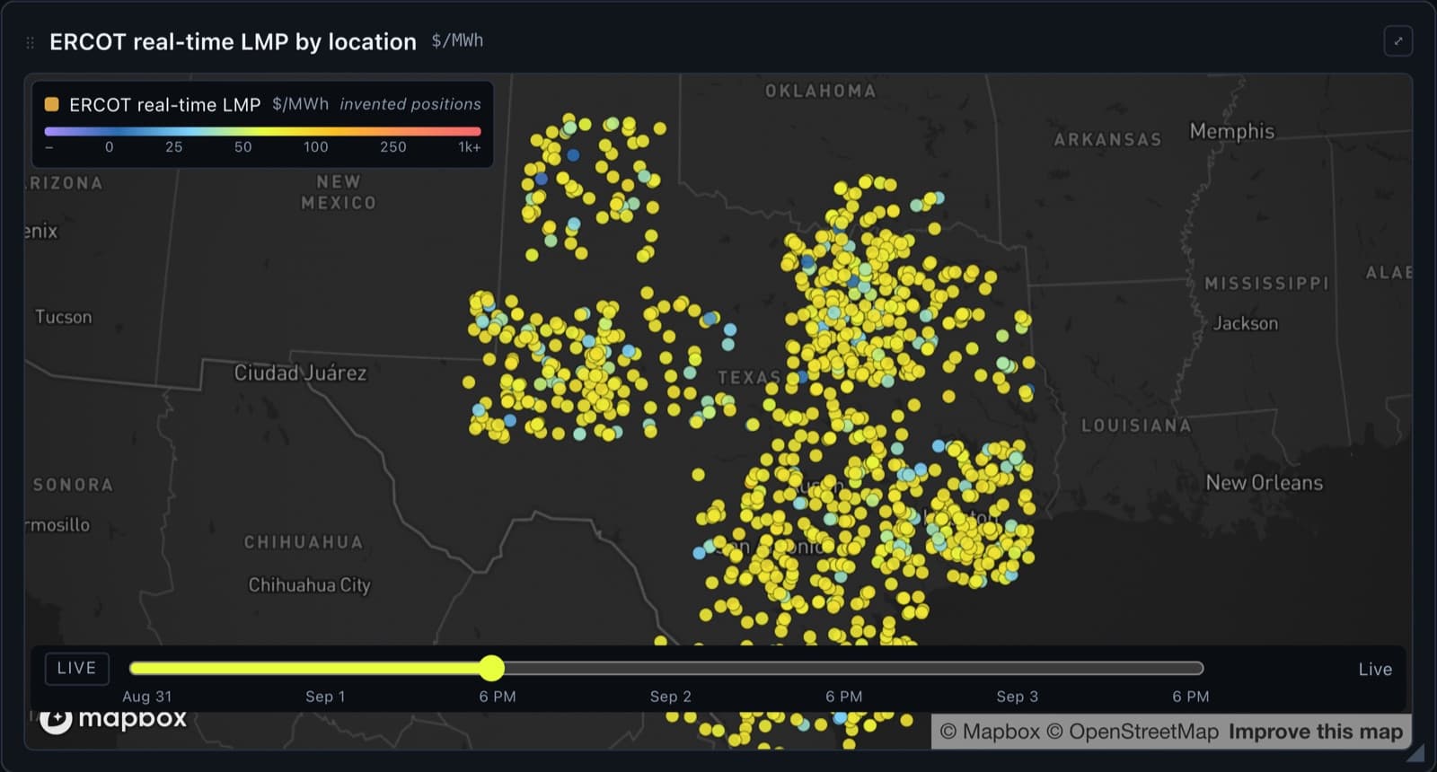 A map of every ERCOT settlement point, coloured by price
