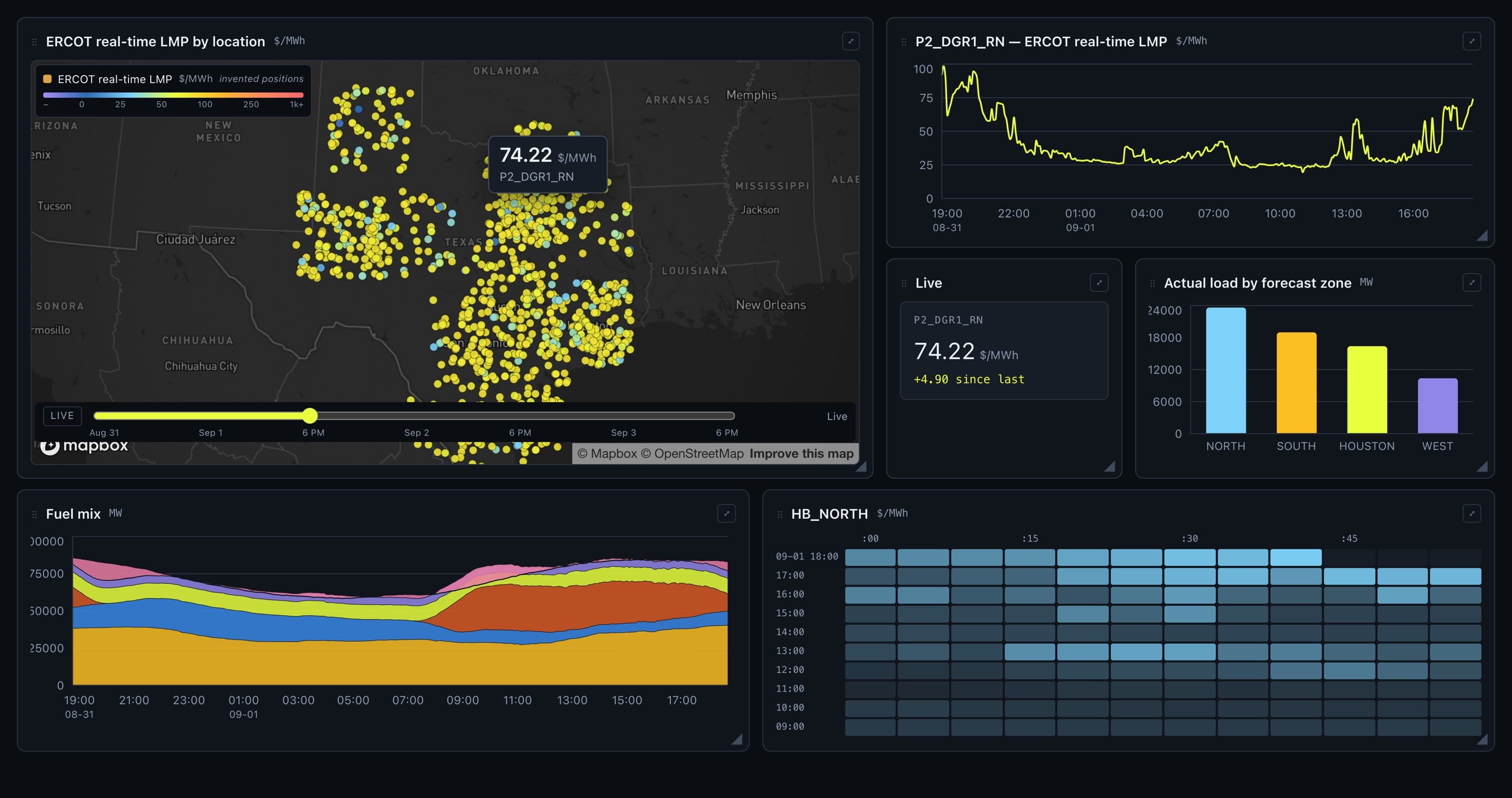 A workspace page: a map of settlement points, a price chart and ticker wired to it, load by zone, fuel mix and a heatmap of five-minute prices